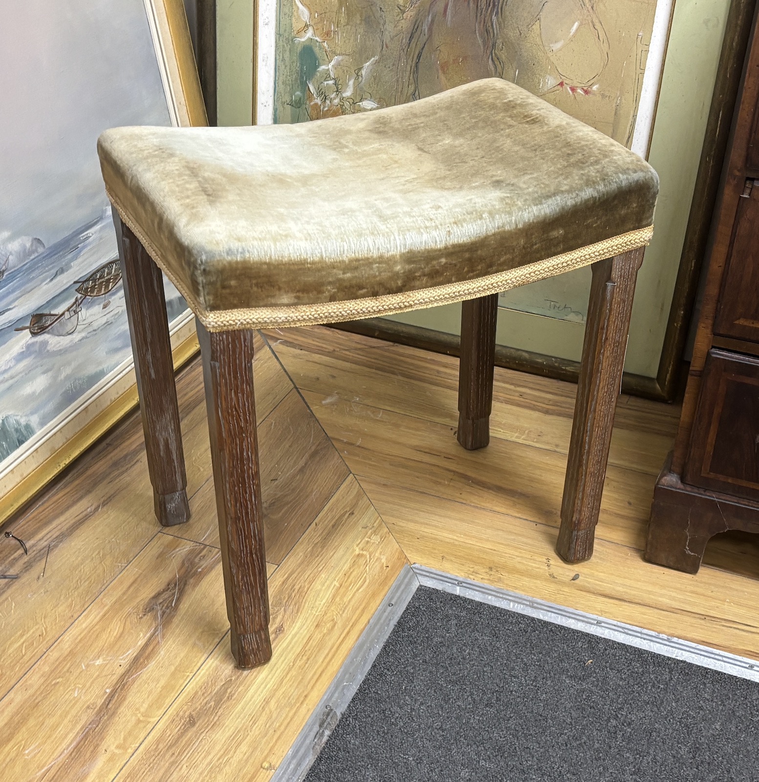 A George VI limed oak Coronation stool, width 46cm, depth 31cm, height 48cm